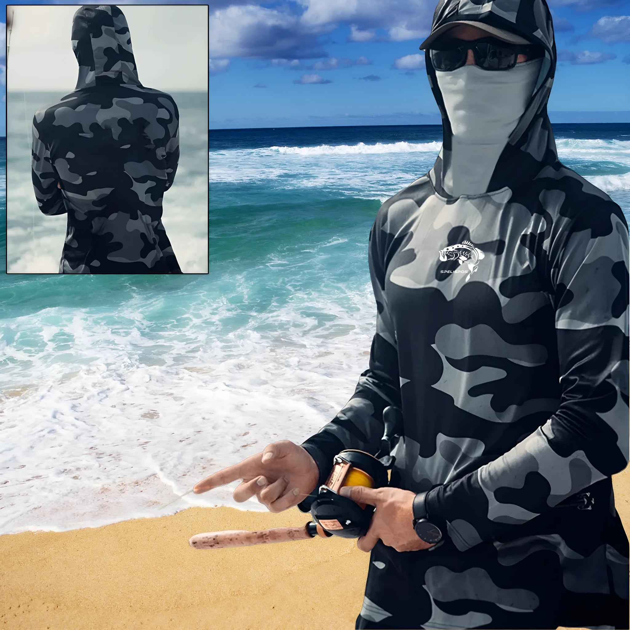 Men's long sleeve fishing hoodie with face mask neck cover in breathable UPF 50 sun protection fabric for sailing and hunting.