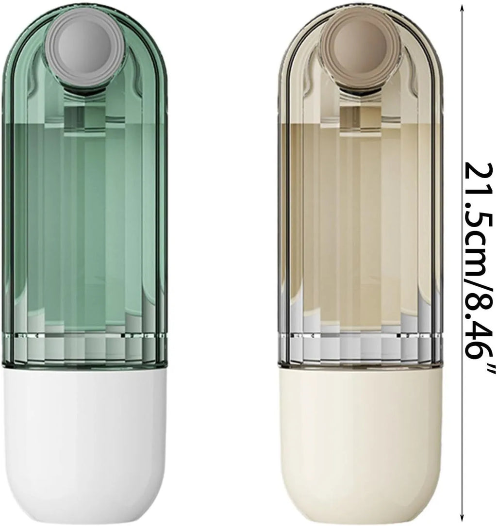Beige foldable dog water bottle with integrated food container for outdoor walks.