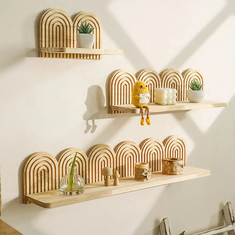 Solid wood multi-layer wall rack holding flower pots in a tiered pendant design