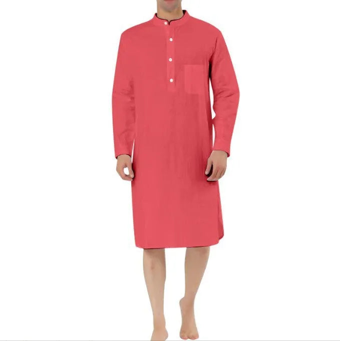 Men's cotton shirt robe in various colours shown with shirt-style front
