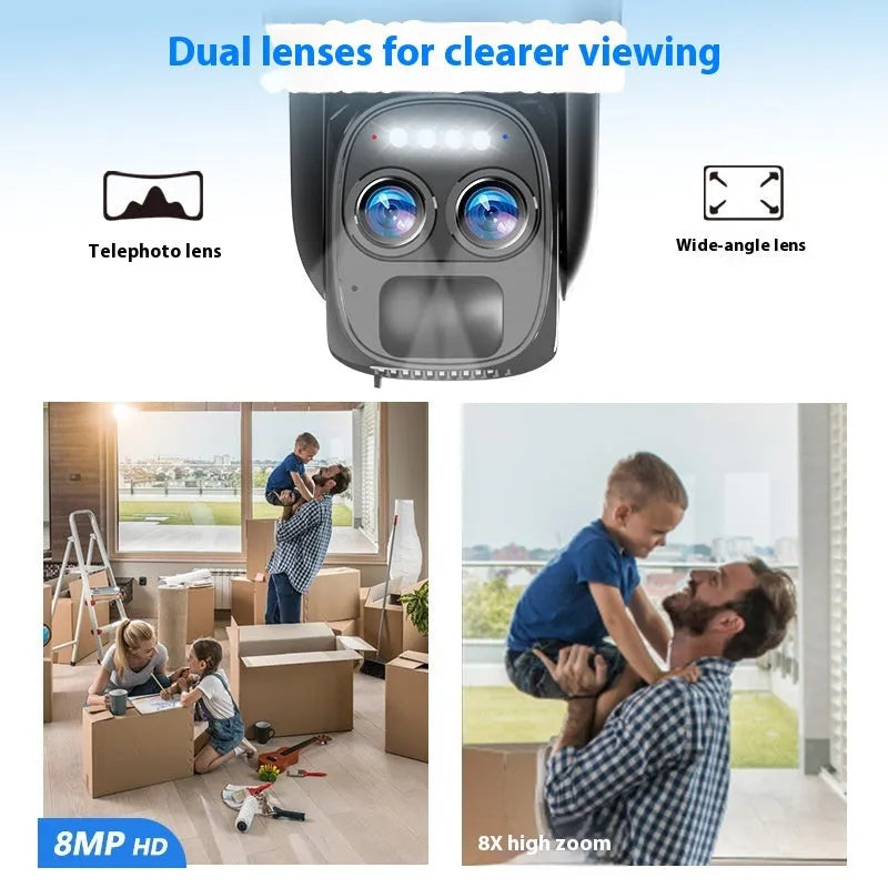 Solar panel security camera with 8x zoom lens for outdoor home monitoring