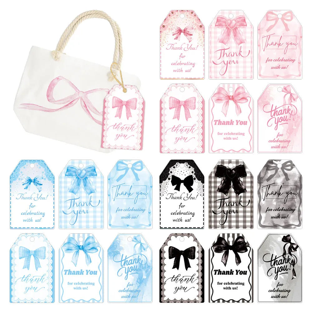 Birthday gift tags with bowknot decoration in three style variations including hemp rope ties