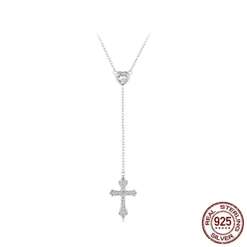 Simple V-neck love cross necklace with 925 silver pendant and O-ring chain in silver colour for women BSN384