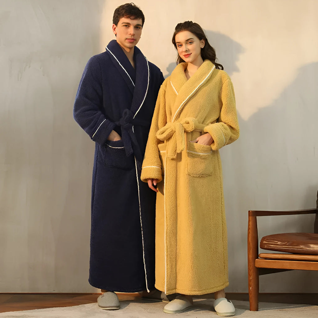 Super thick flannel winter bathrobe couple set shown in navy blue and grey colour options.