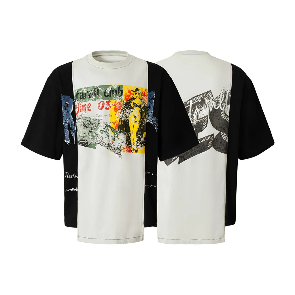 Black and white broken collage print cotton blend T-shirt with loose fit and short sleeves