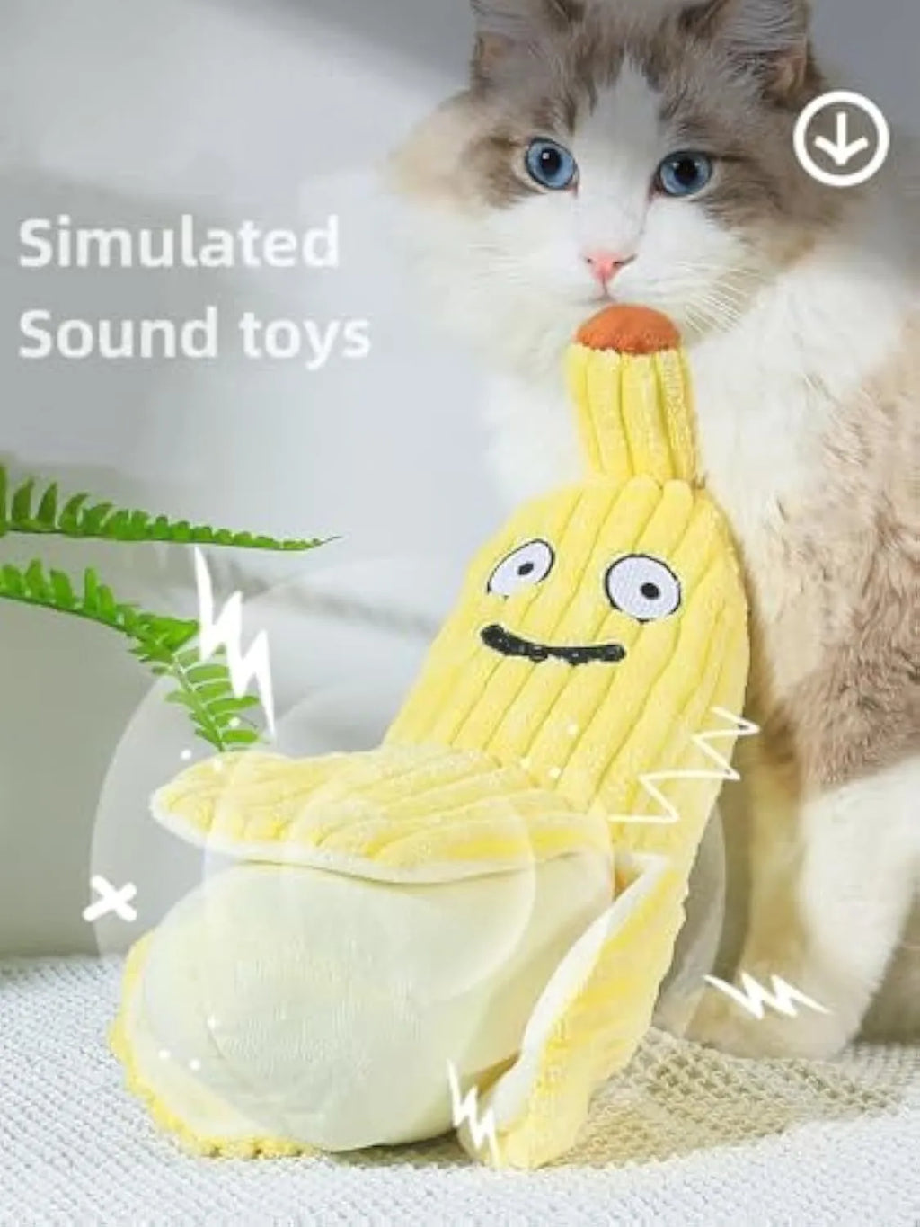 Yellow banana-shaped plush cat toy with crinkle sound and catnip filling