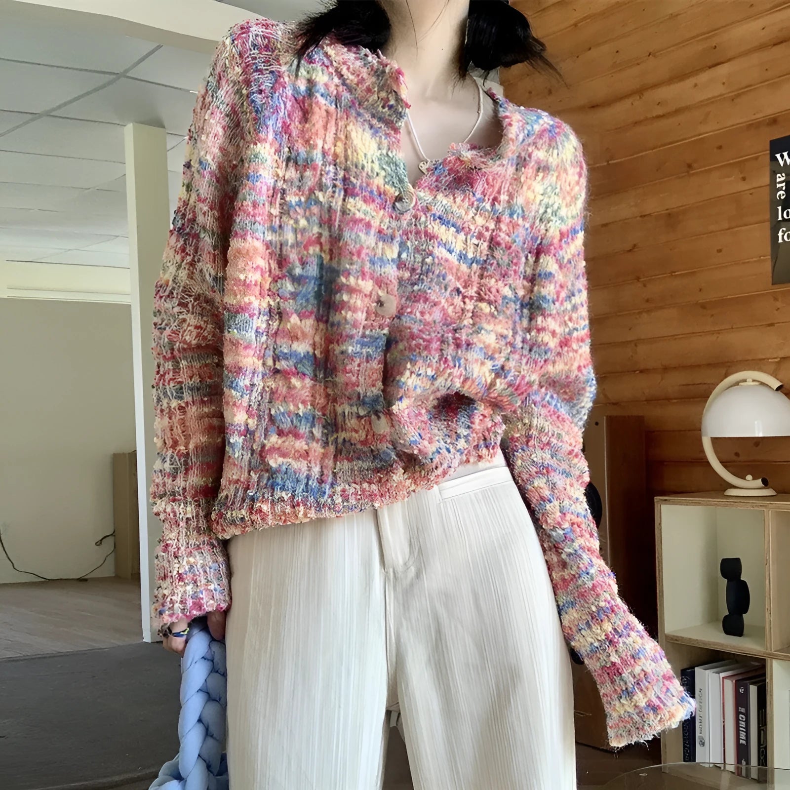 Pink and green rainbow knit cardigan with retro styling and slim fit