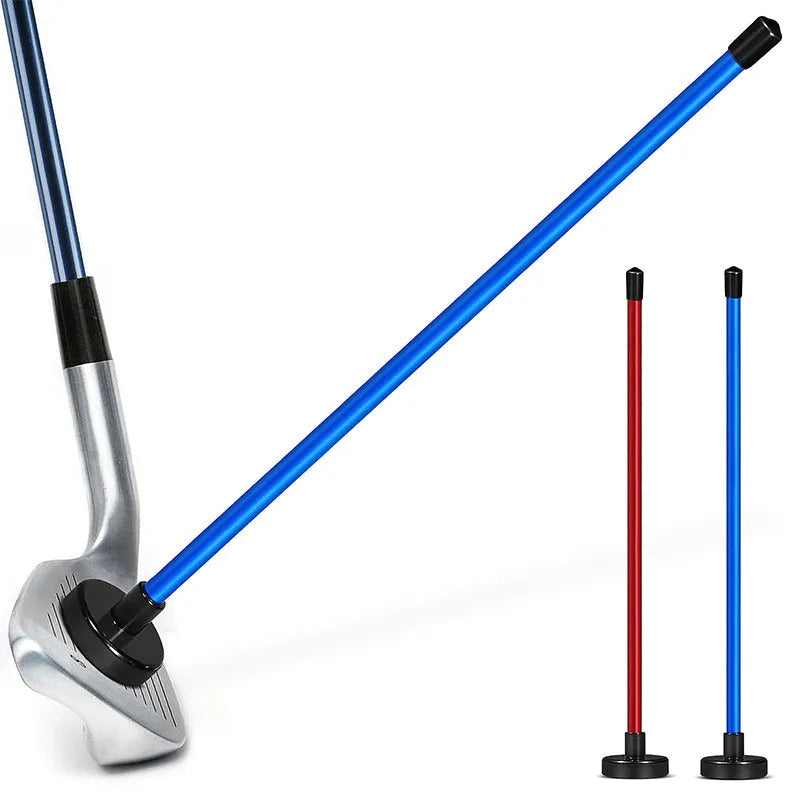 Red aluminium golf swing alignment trainer with magnetic directional pointer on green background
