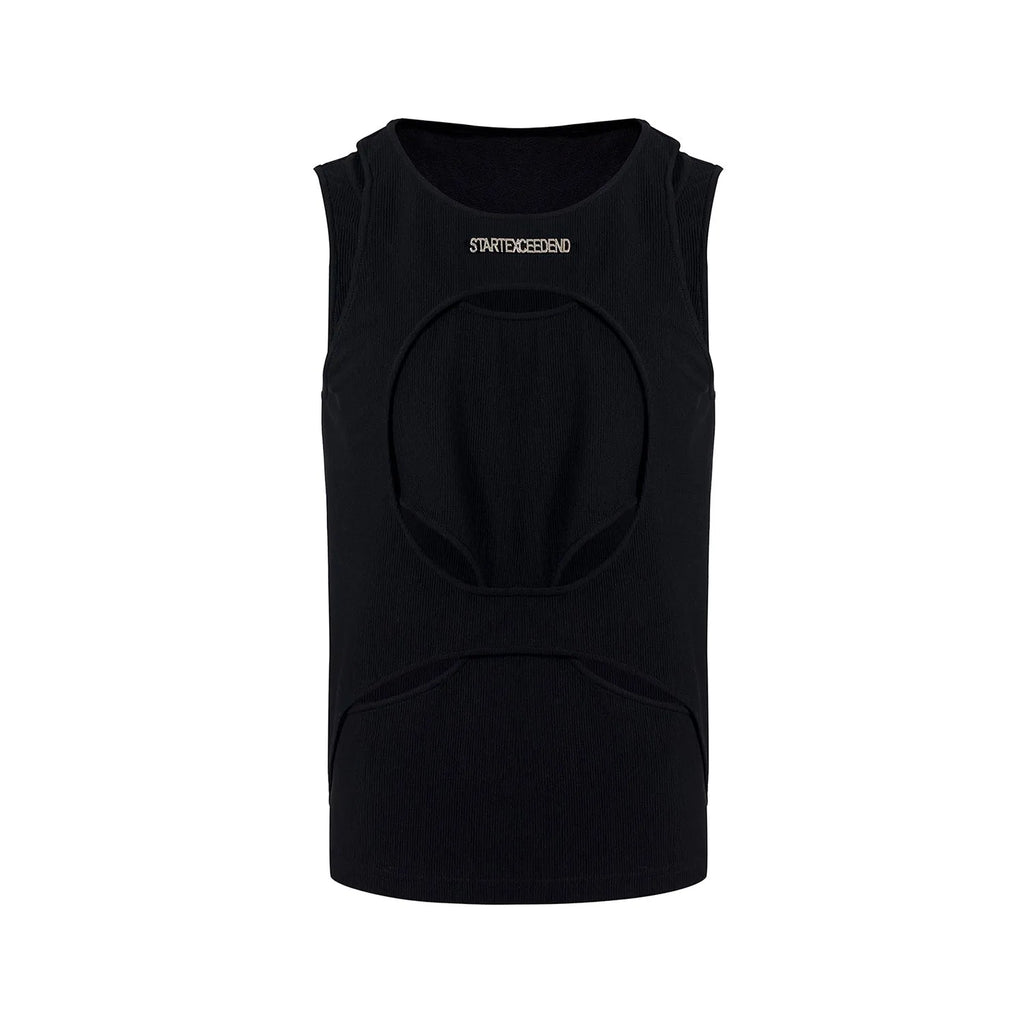 Men's black sleeveless waistcoat with hollow knit construction and round neck collar