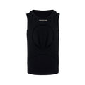 Men's black sleeveless waistcoat with hollow knit construction and round neck collar