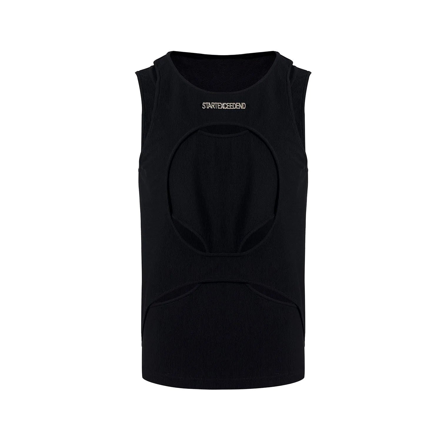 Men's black sleeveless waistcoat with hollow knit construction and round neck collar