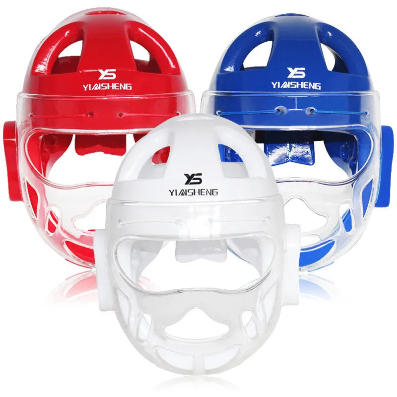 White, blue, and red karate boxing helmet for head protection in sizes S, M, L, XL.