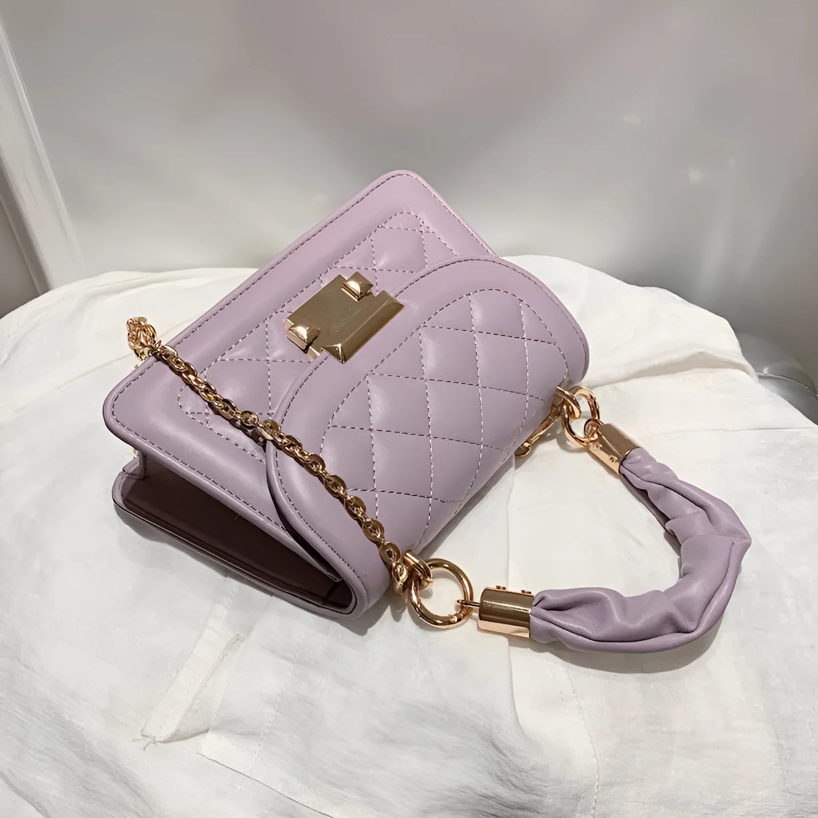 Purple rhombus pattern PU ladies square shoulder bag with Korean style design