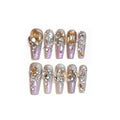 Flash style false nail patches with luxury rhinestones on 10-piece card, with jelly adhesive or tool set options