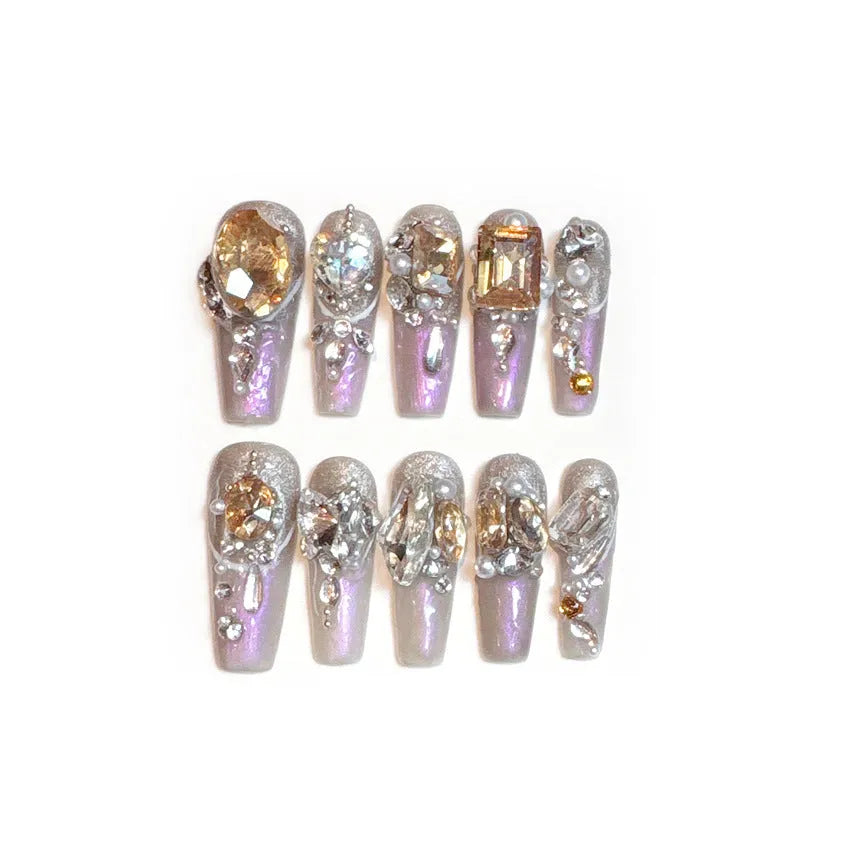 Flash style false nail patches with luxury rhinestones on 10-piece card, with jelly adhesive or tool set options