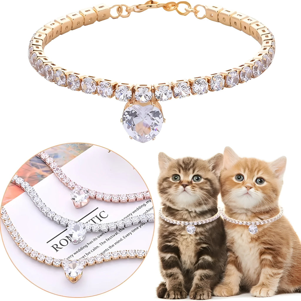 Gold rhinestone heart-shaped decorative collar for dog with extension chain size adjustment