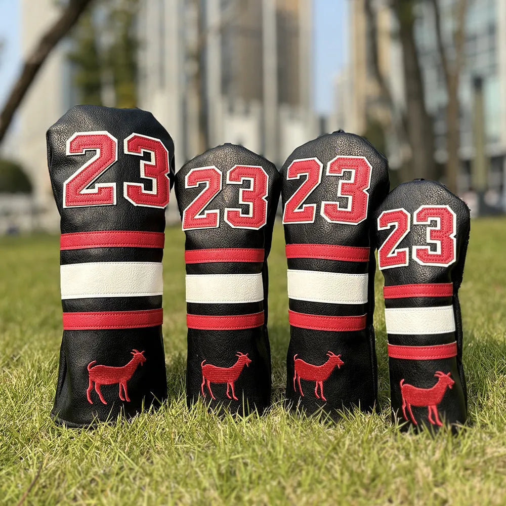 Red square putter iron head golf club sleeve covering a wooden pole set
