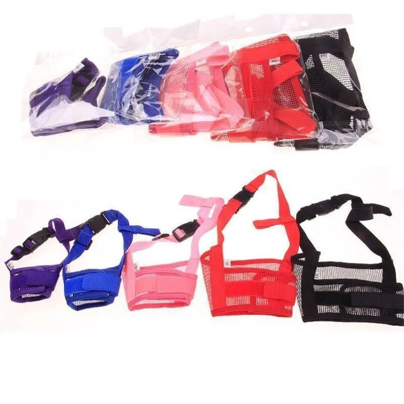 A black adjustable plastic mesh dog muzzle shown on a size chart with options for blue, pink, purple, and red.