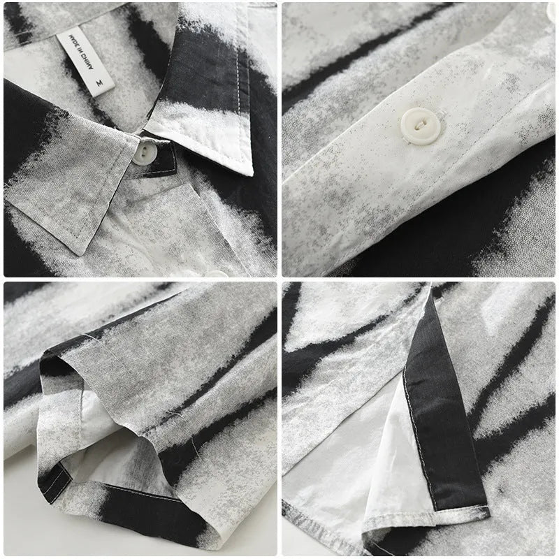Retro striped pure cotton short sleeve cardigan shirt in black or brown with loose fit