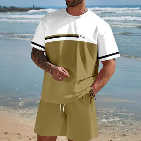 Men's loose fit short-sleeved polyester T-shirt and matching shorts set in a light colour.