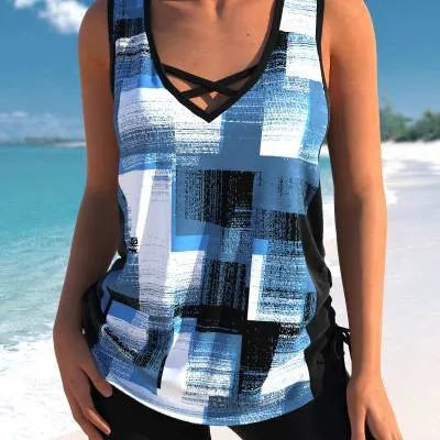 Women's printed split boxer swimsuit set with polyester fabric and matching shorts