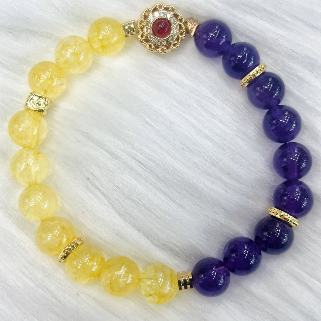 Handmade yellow and purple women's crystal bracelet with amethyst stones