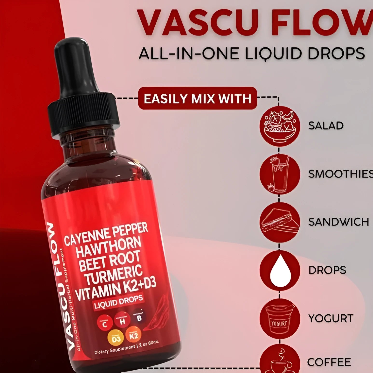 60ml bottle of vitamin D3 K2 hawthorn fruit supplement liquid drops with dropper
