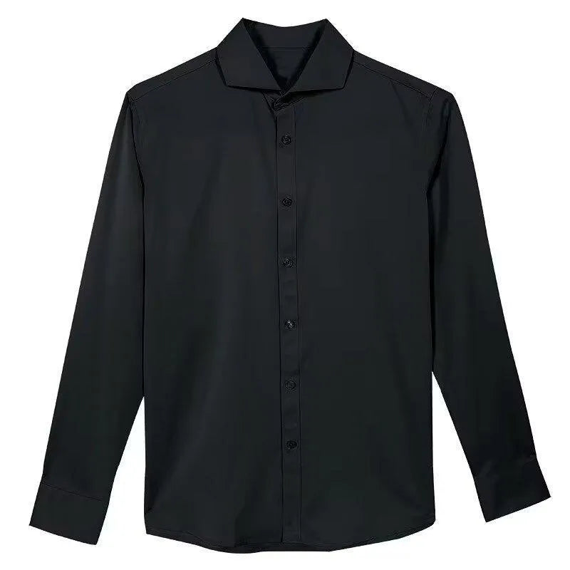 Men's black Korean style slim fit long sleeve shirt with a loose cardigan cut.