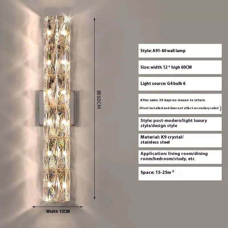 Crystal LED wall lamp with stainless steel frame in chrome finish showing tri-colour lighting
