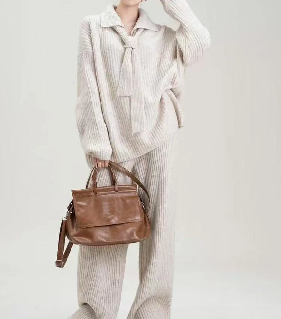 Women's sweater suit two-piece set with long-sleeve top and trousers in imitation cashmere fabric