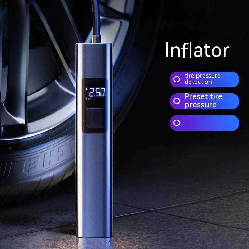 Wireless digital display car air pump and vacuum cleaner with LED light, showing included nozzles and storage bag.