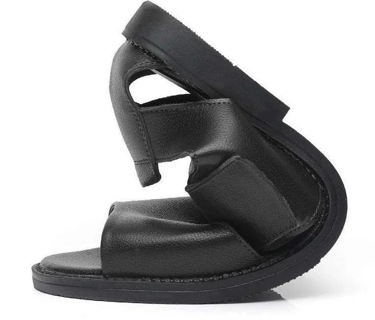 Men's black and brown leather casual sandals with open toe design and rubber soles
