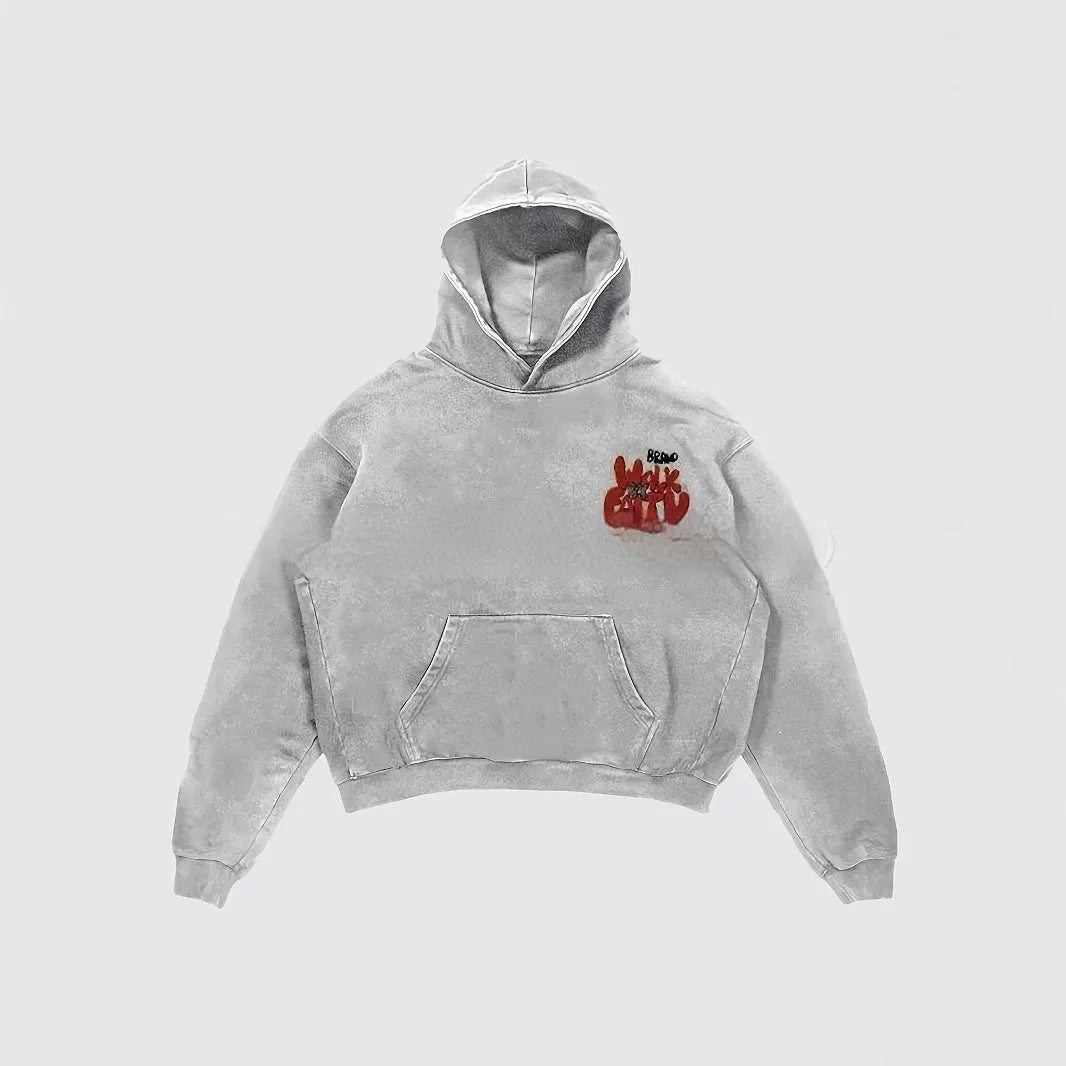 Granny Grey women's hoodie with vintage character print, long sleeves, and pockets.