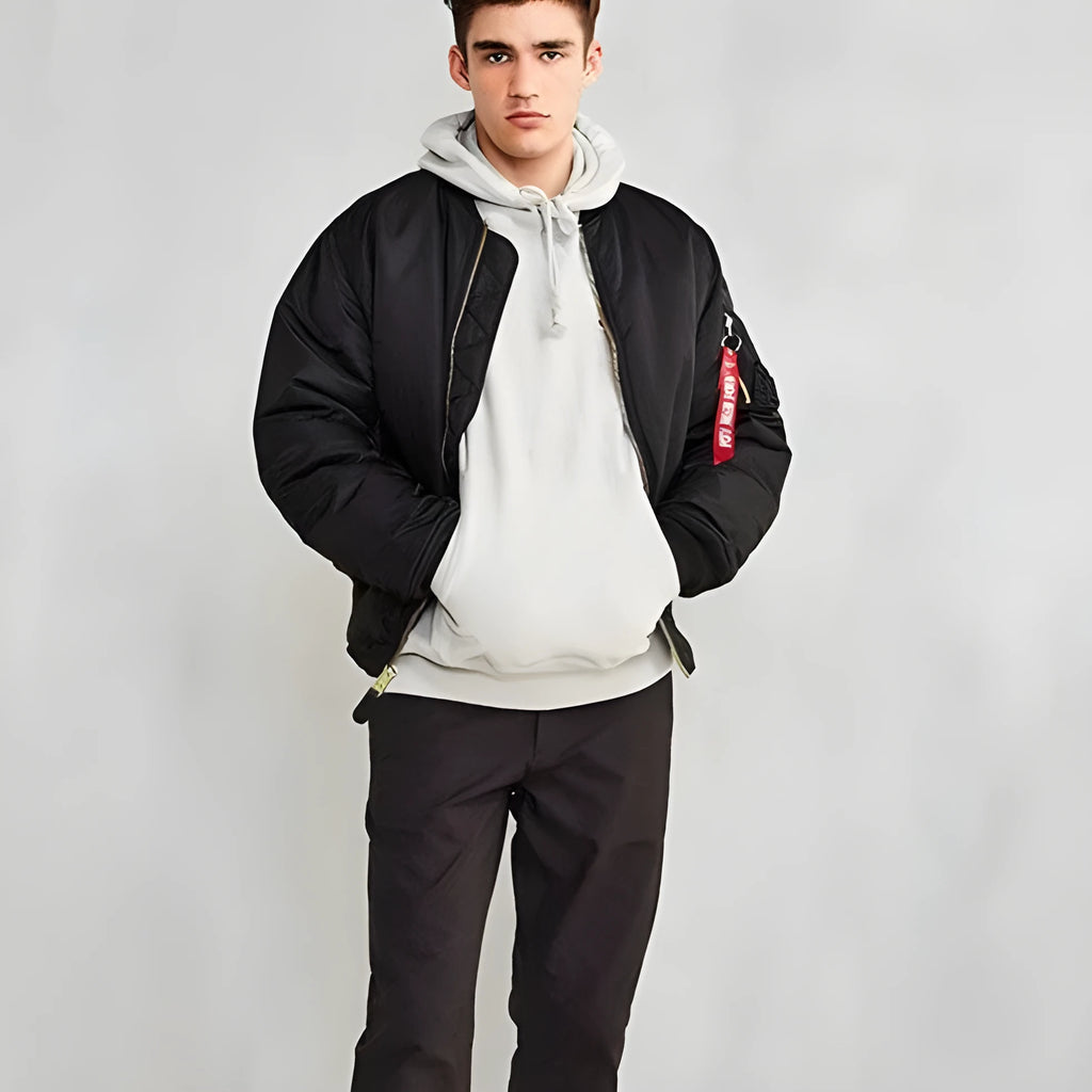 Men's loose-fit army green cotton-padded pilot jacket with double-sided nylon construction