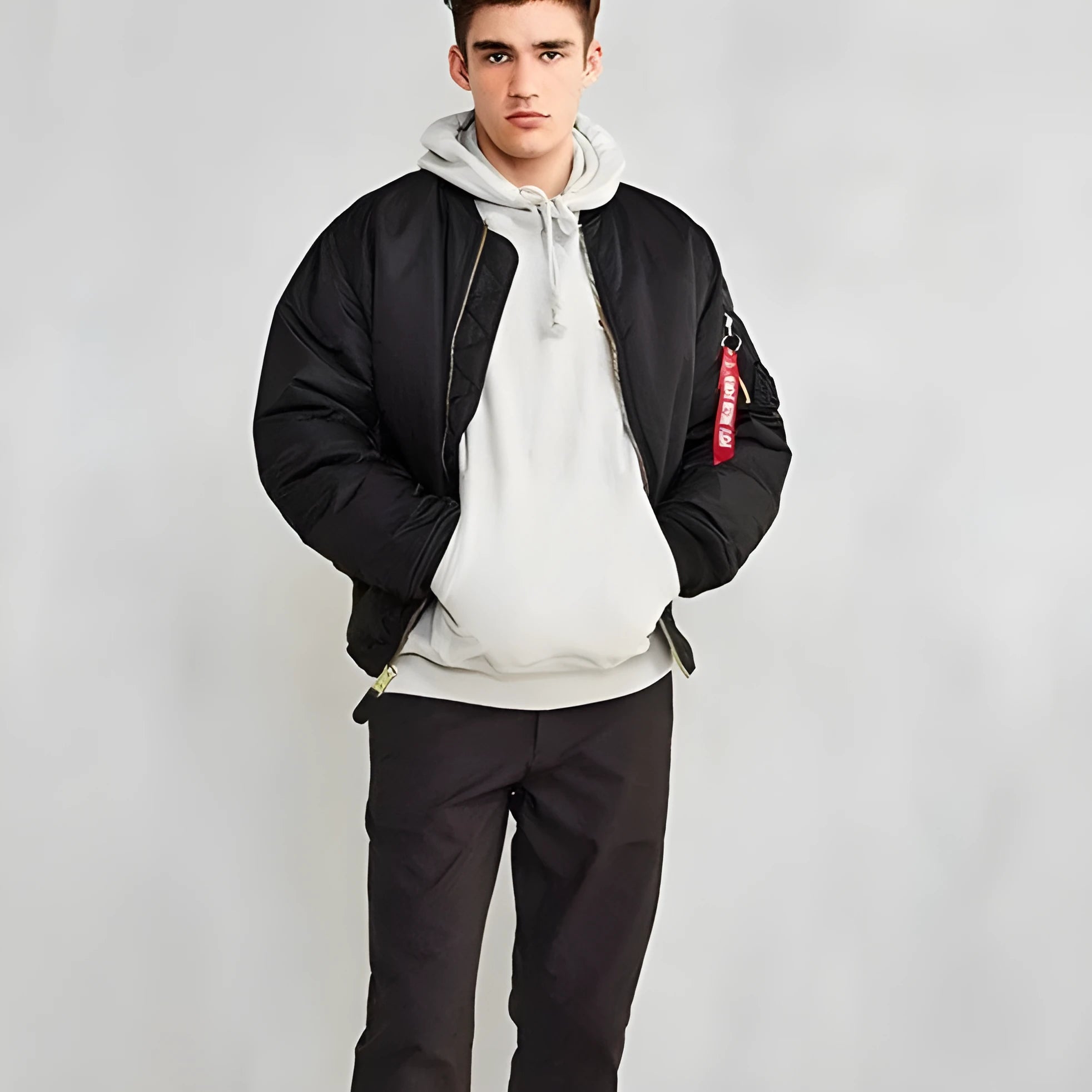Men's loose-fit army green cotton-padded pilot jacket with double-sided nylon construction