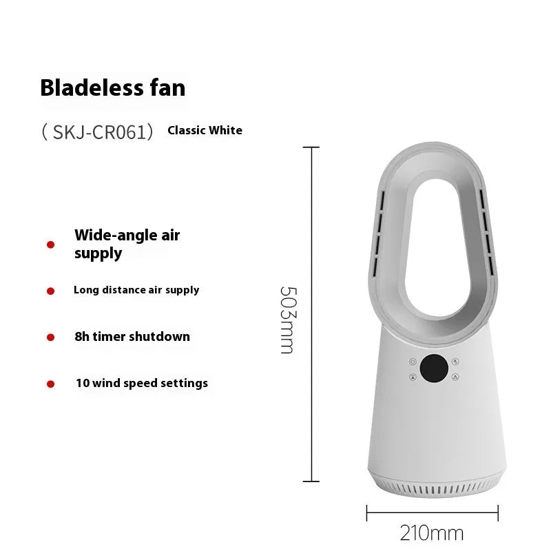 White bladeless tower fan with a slim design standing on a floor, showing a touch screen panel.