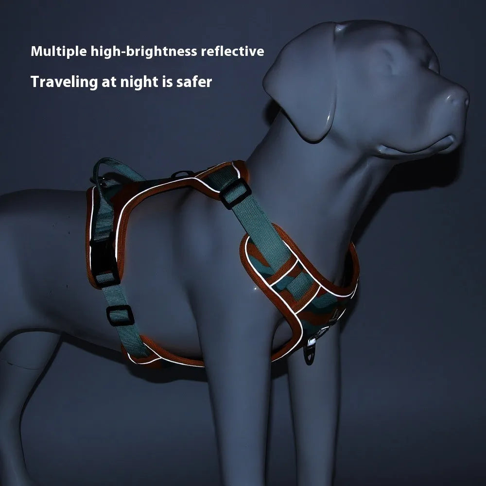 Orange oxford cloth dog walking rope with reflective strips and a handle, fitted on a dog's chest and back.