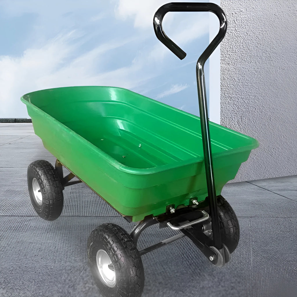 Green four-wheel plastic and steel dump truck with load bed, model TC2145