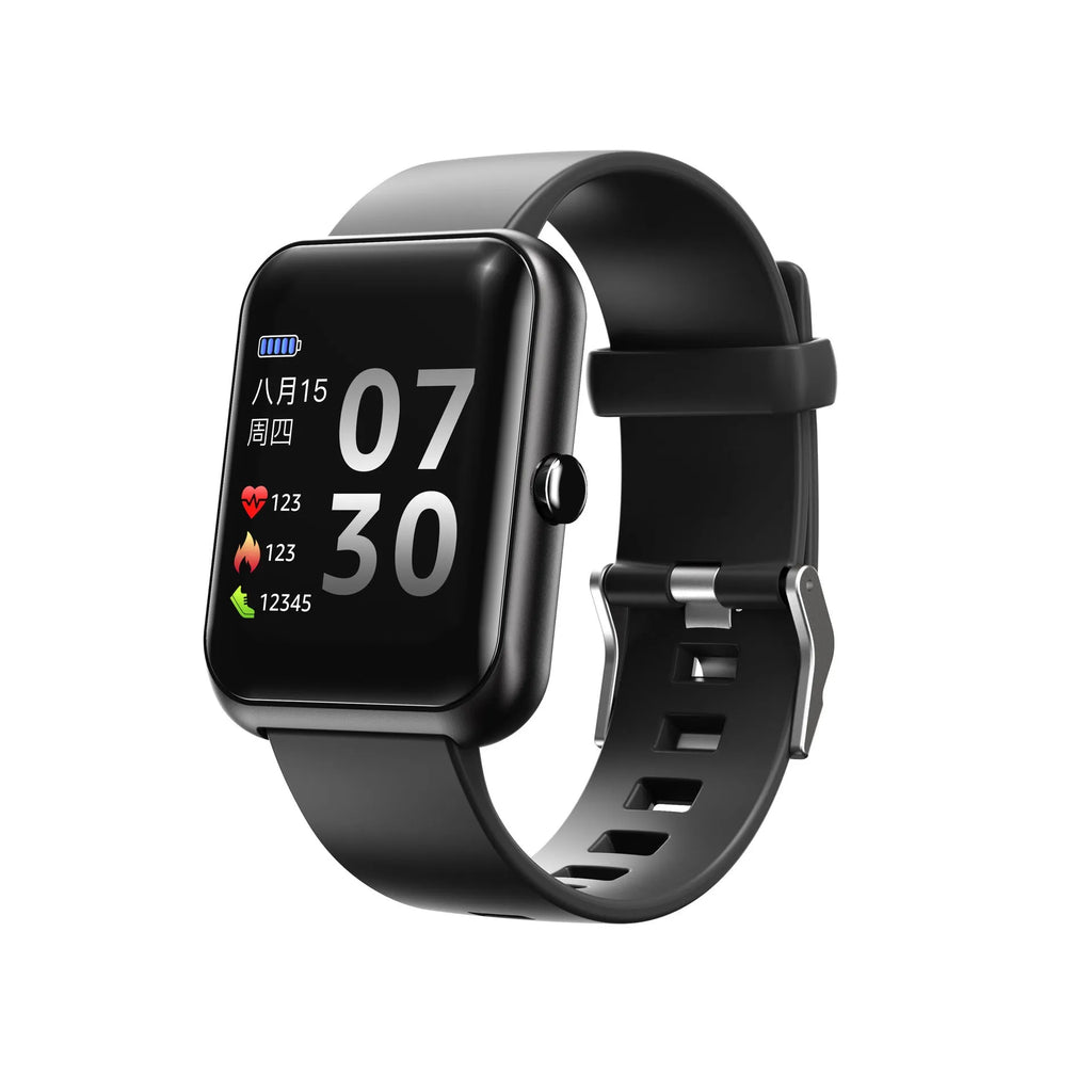 Square Bluetooth smart sports watch with silicone strap in black, blue, gold, pink, or silver.