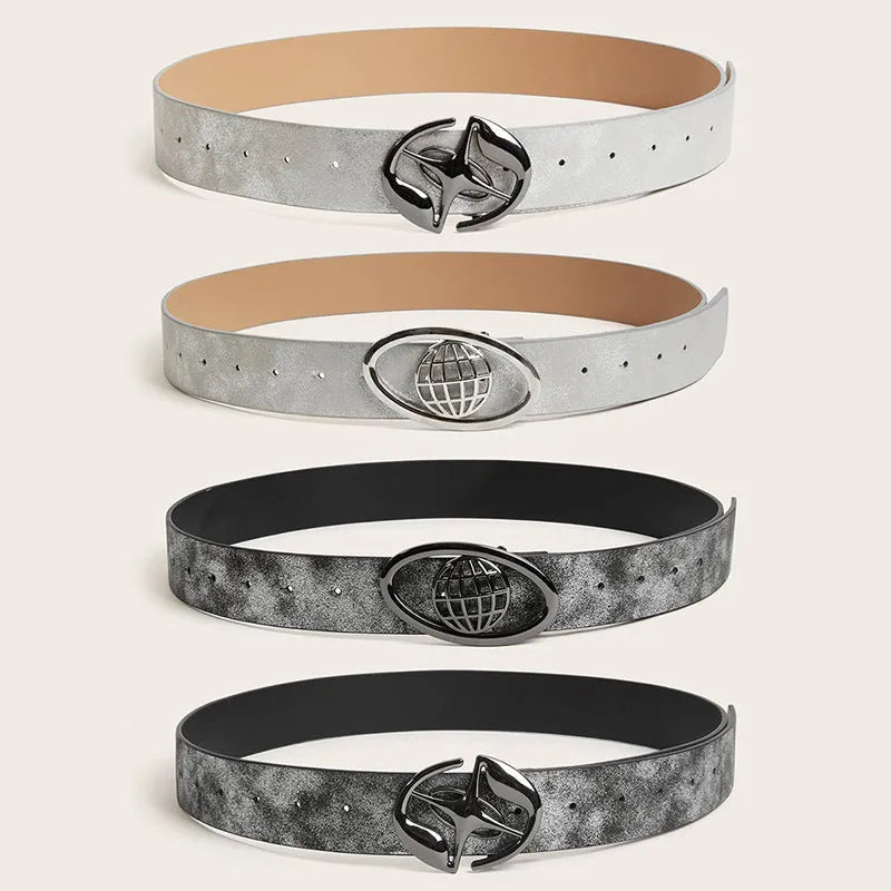 Retro oval alloy buckle on a thick grey white PU leather ladies belt, shown laid flat.