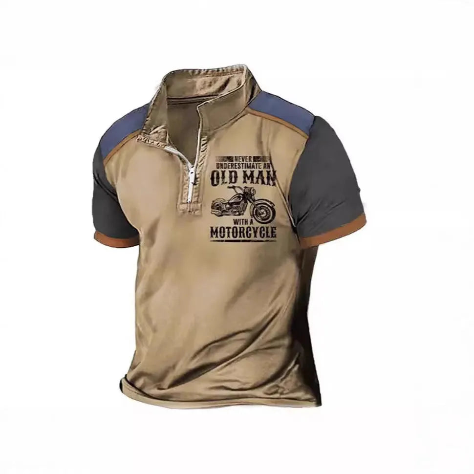 Men's casual polo shirt with zipper decorations on the lapel and a digital letter print design on the front.