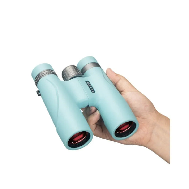 Blue and grey 10x32 compact binoculars showing 32mm objective lenses and plastic body.