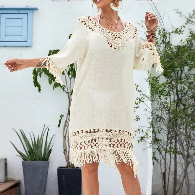 Apricot women's crochet knit patchwork beach dress with mid-length skirt and half sleeves