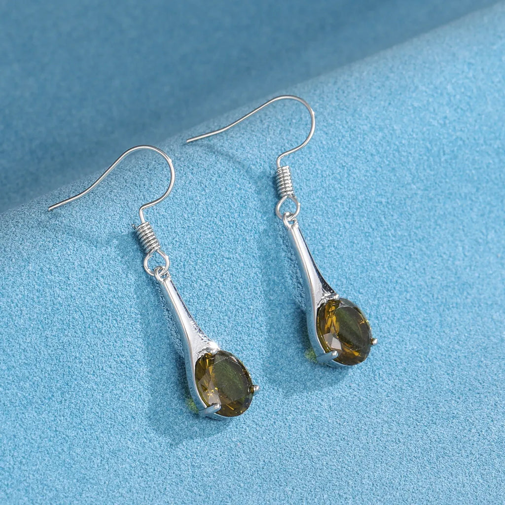 Olive green topaz colour drop earrings with water drop shape and electroplated finish