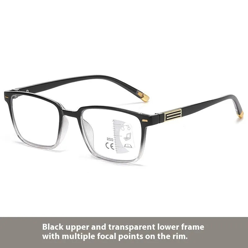 Anti blue light multifocal reading glasses with colour-changing grey PC lenses in a black and silver frame style.
