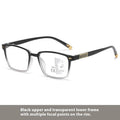 Anti blue light multifocal reading glasses with colour-changing grey PC lenses in a black and silver frame style.