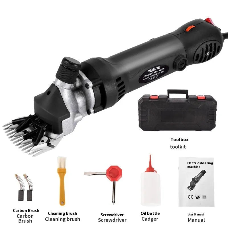 Yellow electric wool shearing tool with 110V plug and multiple knife sets in a plastic storage case.