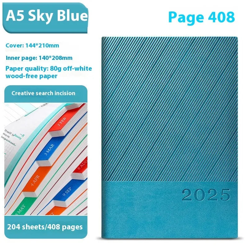 A5 striped PU leather business notepad open on a desk, showing thickened paper, available in eight colours.