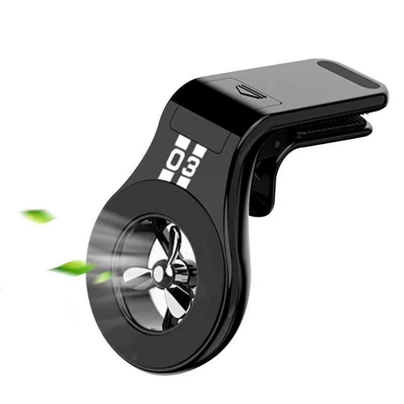 Black magnetic car air vent phone holder with adjustable angle and built-in perfume diffuser.