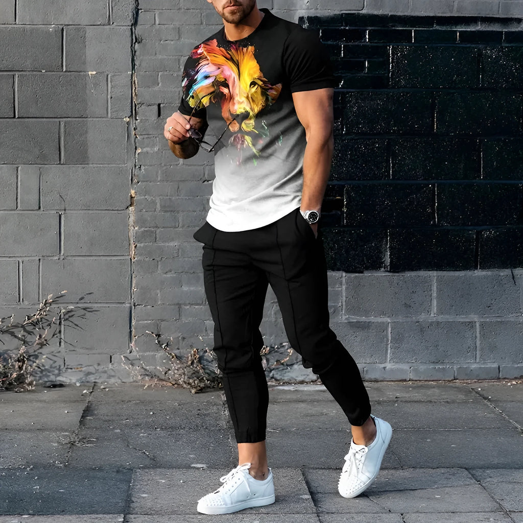Men's short-sleeved printed pullover and matching trousers casual suit set